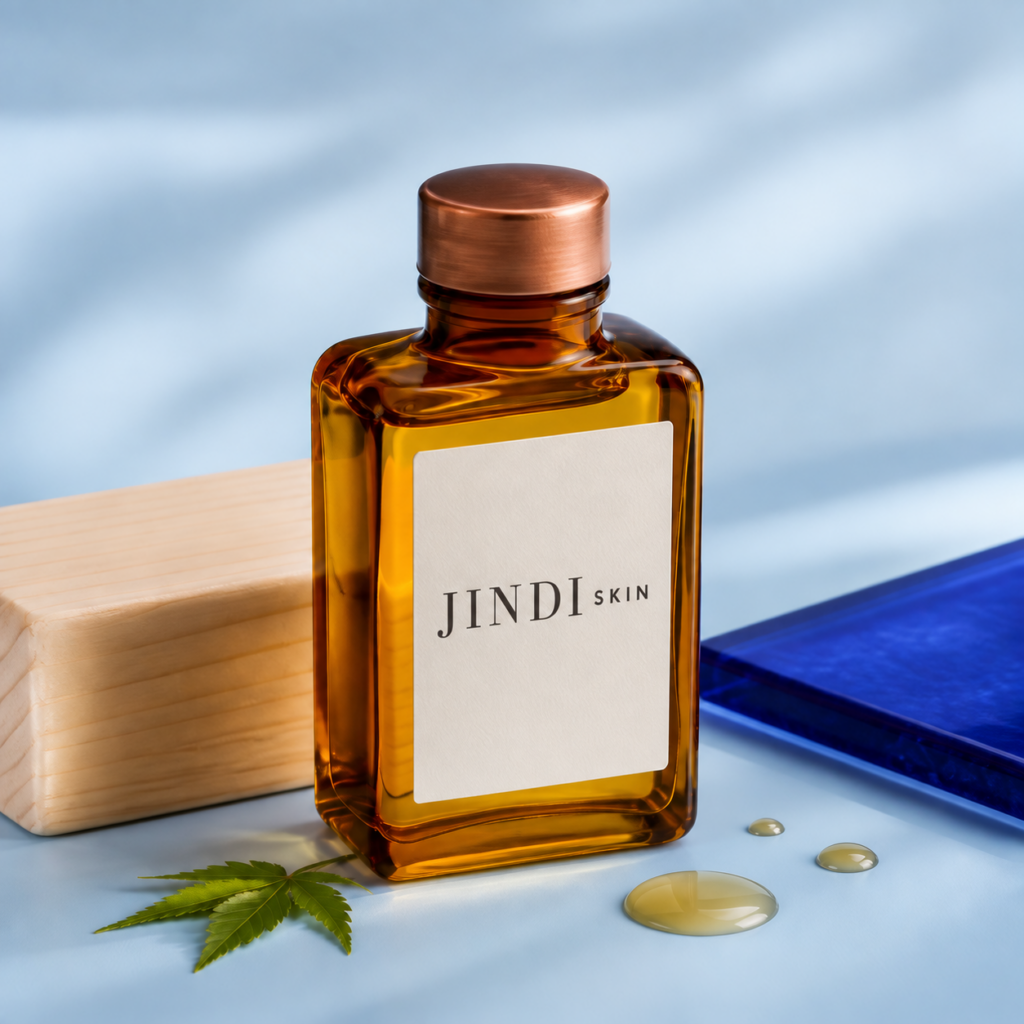 Hinoki Silk Bath Oil with JINDI SKIN logo on the packaging